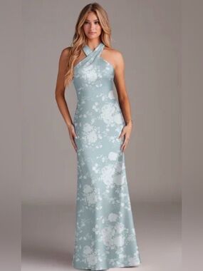 Azazie Saige Powder Blue Floral Satin Stretch High Neck Dress